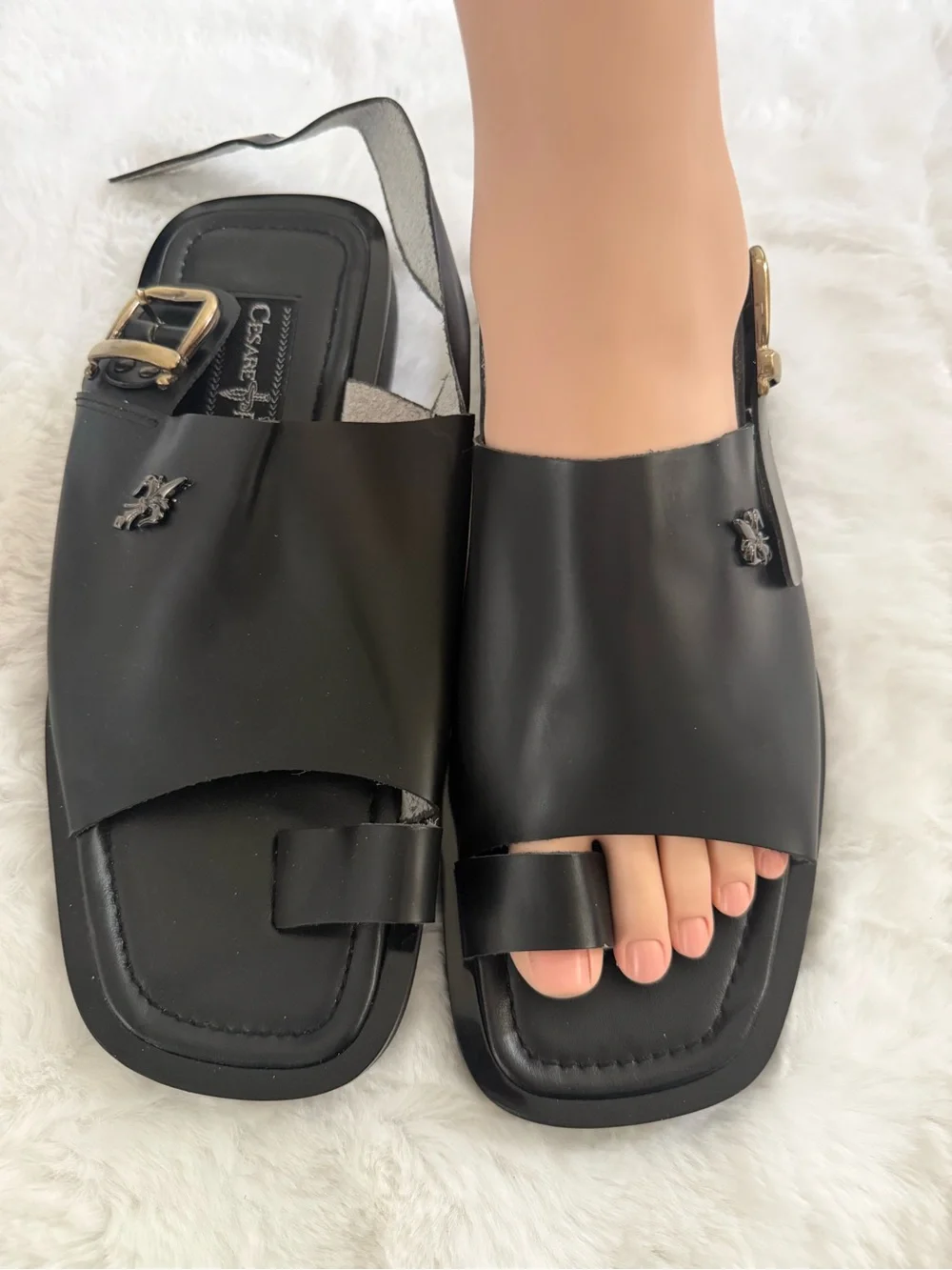 Cesare Paciotti Black Leather Toe Loop Buckle Flat Sandals EU 40 NWOT